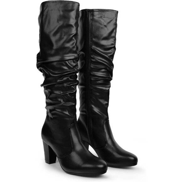 Women's Black Knee High Boots Side Zip closure Chunky Heels Fall Winter Booties - Picture 5 of 5